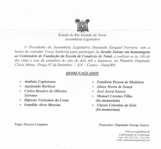 SESSÃO SOLENE EM HOMENAGEM AO CENTENÁRIO DA ESCOLA TÉCNICA DE COMÉRCIO DE NATAL